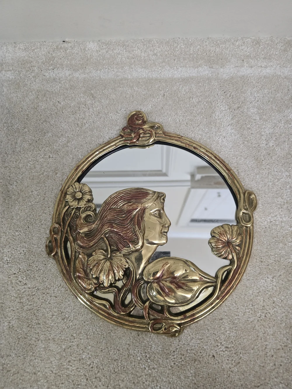 Art Nouveau Gold Decorative Round Wall Mirror with Floral Woman Motif
